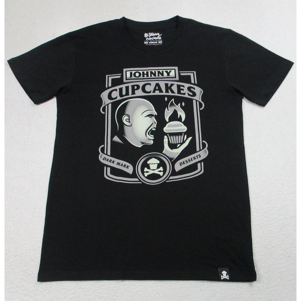 Johnny Cupcakes Shirt Mens Medium Black‎ Dark Mark Desserts Graphic Crewneck
